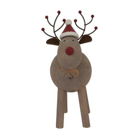 Hill Interiors large rustic reindeer ornament in brown metal with red nose, Santa hat and antlers tipped with red berries, on a white background.