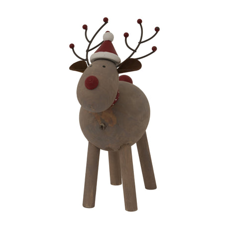 Hill Interiors rustic reindeer ornament in weathered brown with a red and white Santa hat, red nose, and branching antlers tipped with red baubles.