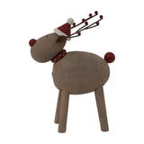 Hill Interiors large rustic metal reindeer ornament in weathered brown, with a red Santa hat, spotted collar and twig antlers with red berries.