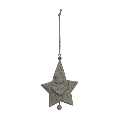 Hill Interiors Rustic Hanging Santa Star Decoration in distressed white metal, five-point star with Santa figure at centre, jute hanging cord.