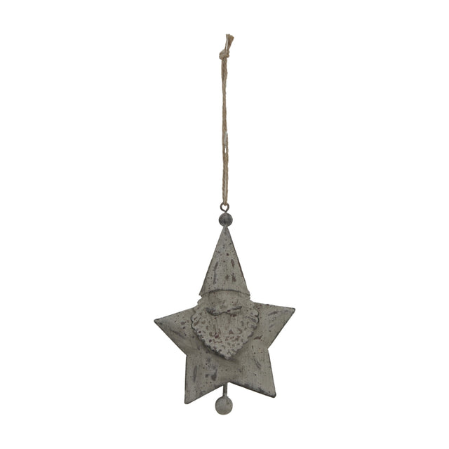 Hill Interiors Rustic Hanging Santa Star Decoration in distressed white metal, five-point star with Santa figure at centre, jute hanging cord.