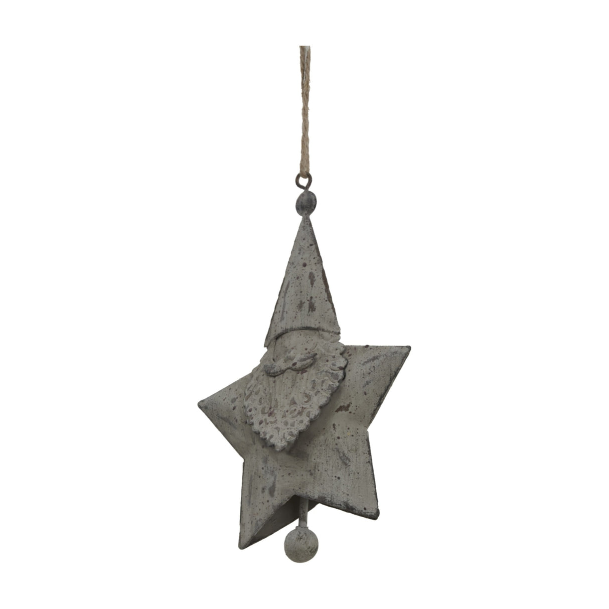 Hill Interiors Rustic Hanging Santa Star metal Christmas decoration in distressed white, with Santa figure at the centre, suspended from twine.