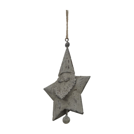 Hill Interiors Rustic Hanging Santa Star metal Christmas decoration in distressed white, with Santa figure at the centre, suspended from twine.
