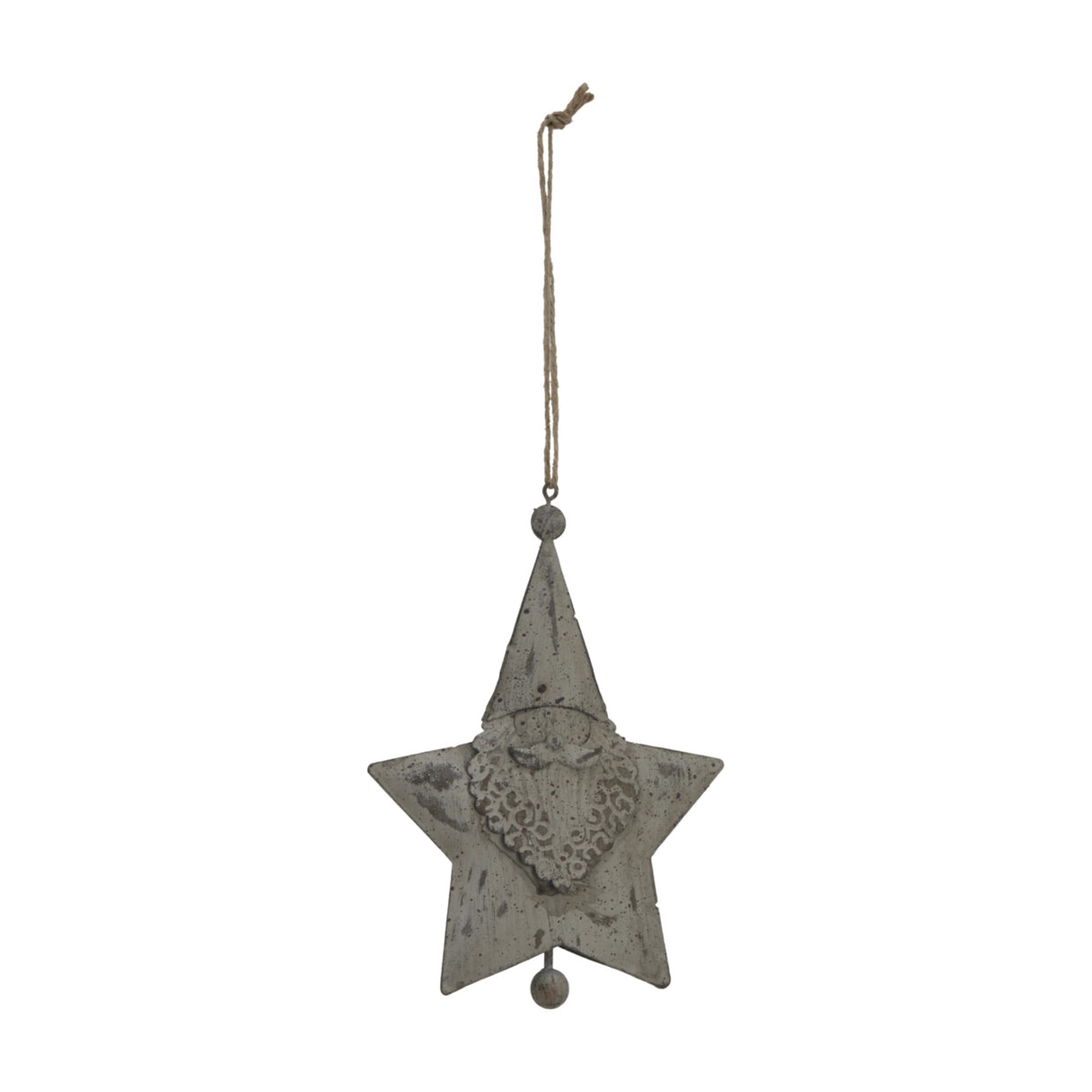 Hill Interiors Large Rustic Hanging Santa Star in distressed white metal with folk-style Santa motif and jute hanging cord on a plain background.