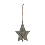 Hill Interiors Large Rustic Hanging Santa Star in distressed white metal with folk-style Santa motif and jute hanging cord on a plain background.