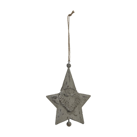Hill Interiors Large Rustic Hanging Santa Star in distressed white metal with folk-style Santa motif and jute hanging cord on a plain background.
