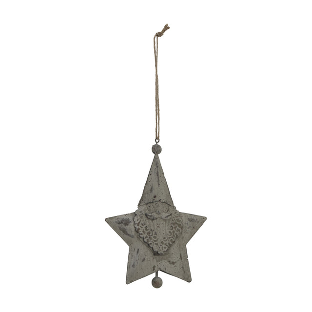 Hill Interiors Large Rustic Hanging Santa Star in distressed white metal with folk-style Santa motif and jute hanging cord on a plain background.