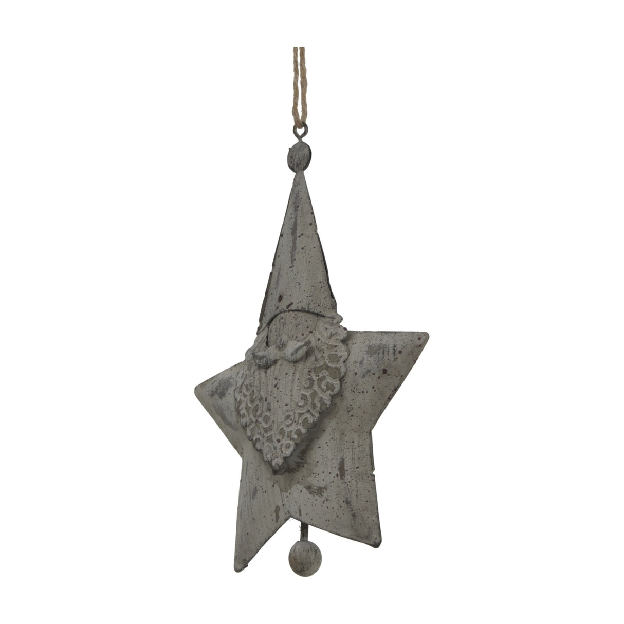 Hill Interiors Large Rustic Hanging Santa Star in distressed white metal with folk-style Santa motif and jute cord, shown on a plain background.