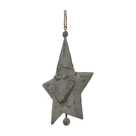 Hill Interiors Large Rustic Hanging Santa Star in distressed white metal with folk-style Santa motif and jute cord, shown on a plain background.
