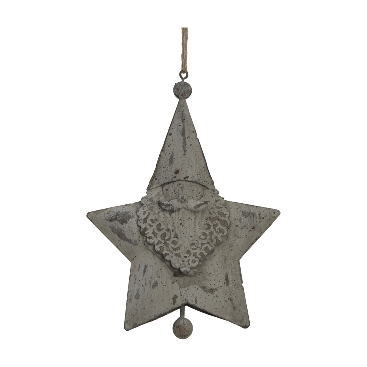 Hill Interiors Large Rustic Hanging Santa Star in distressed white metal, featuring a folk-style Santa motif with pointed hat, suspended by a jute cord.
