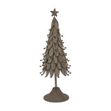 Hill Interiors Rustic Decorative Metal Tree with Star in weathered silver, layered leaf-shaped tiers on a fluted round base, shown on a white background.