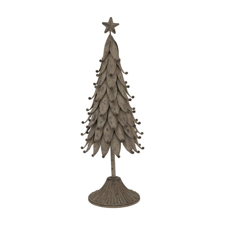 Hill Interiors Rustic Decorative Metal Tree with Star in weathered silver, layered leaf-shaped tiers on a fluted round base, shown on a white background.