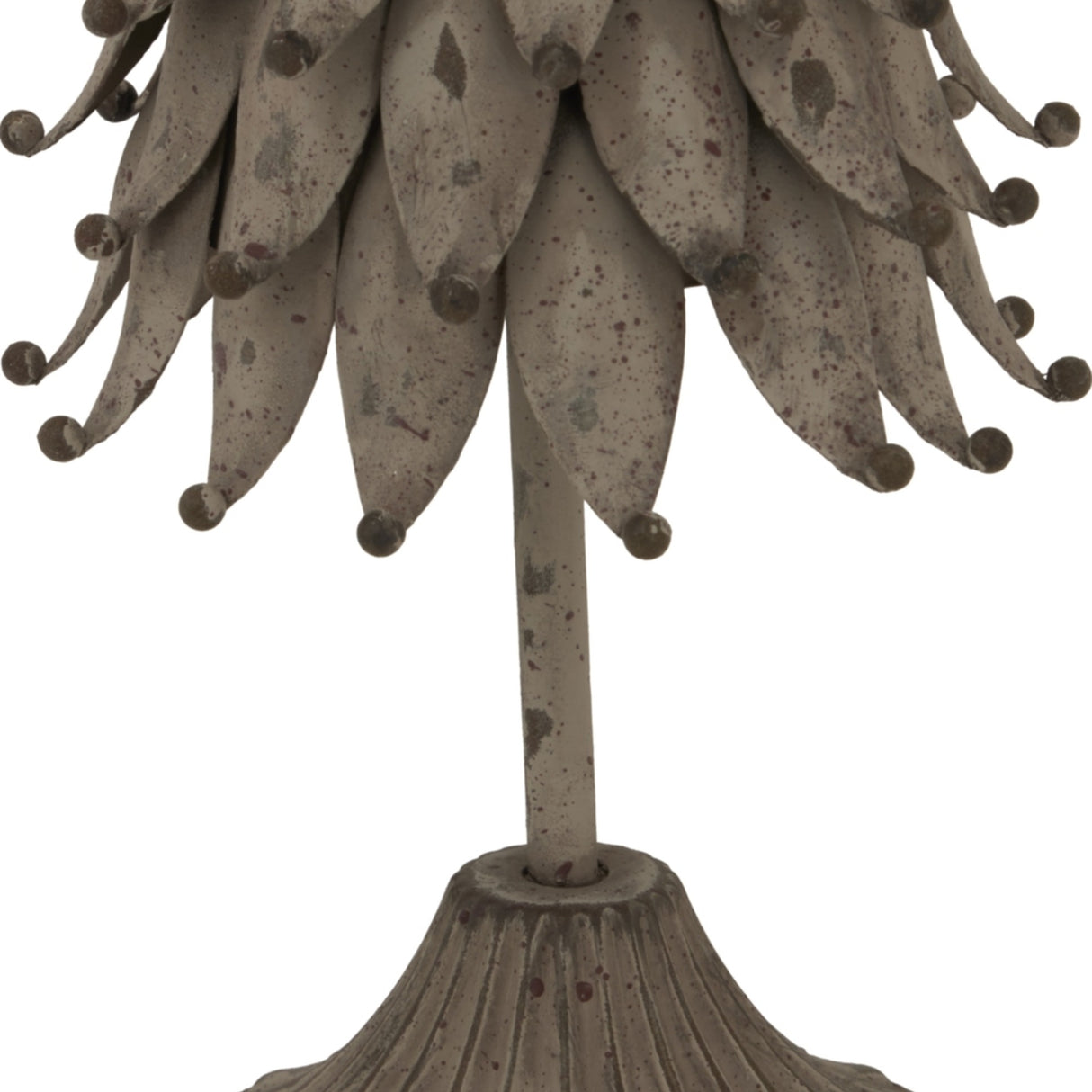 Close-up of Hill Interiors Rustic Decorative Metal Tree in silver, showing layered leaf-shaped tiers with ball tips above a fluted base.