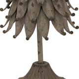 Close-up of Hill Interiors Rustic Decorative Metal Tree in silver, showing layered leaf-shaped tiers with ball tips above a fluted base.