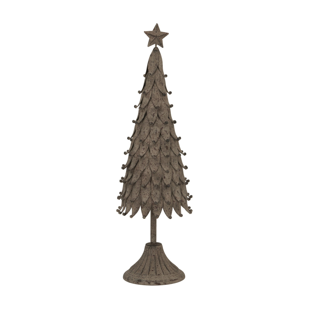 Hill Interiors medium rustic decorative metal Christmas tree in soft silver, with layered leaf tiers, star topper and round base, on a white background.