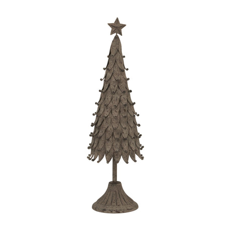 Hill Interiors medium rustic decorative metal Christmas tree in soft silver, with layered leaf tiers, star topper and round base, on a white background.
