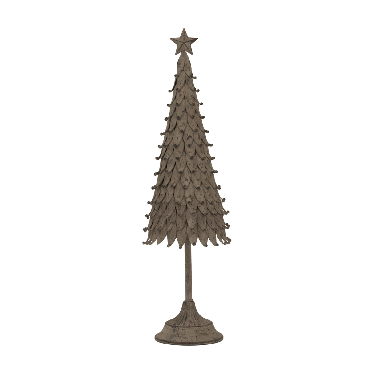 Hill Interiors Large Rustic Decorative Tree with layered metal foliage, star topper and round pedestal base in a silver finish, on a white background.
