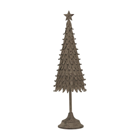 Hill Interiors Large Rustic Decorative Tree with layered metal foliage, star topper and round pedestal base in a silver finish, on a white background.