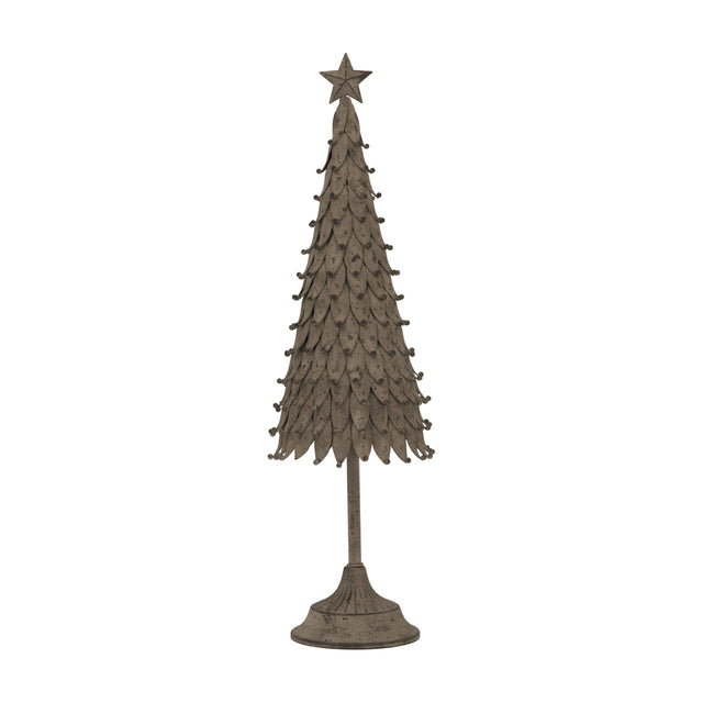 Hill Interiors Large Rustic Decorative Tree with layered metal foliage, star topper and round pedestal base in a silver finish, on a white background.