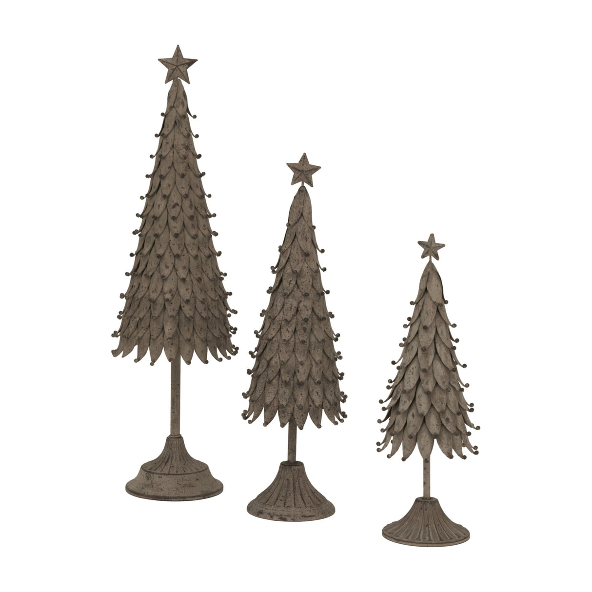 Hill Interiors Large Rustic Decorative Tree With Star in silver metal, shown as a trio of layered leaf tree figures with star toppers on round bases.