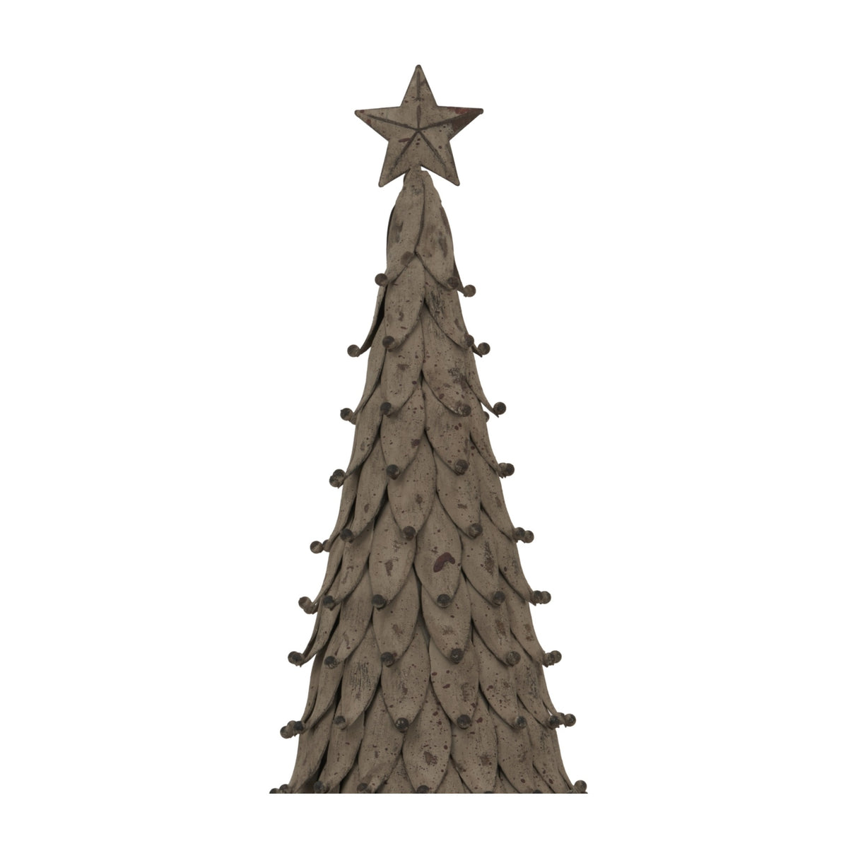 Hill Interiors Large Rustic Decorative Tree with Star in silver metal, upper section showing layered leaf-like tiers and a star topper on a white background.