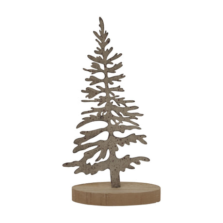 Hill Interiors Large Rustic Silhouette Tree, a brown metal fir cutout on a round wooden base, shown against a plain white background.