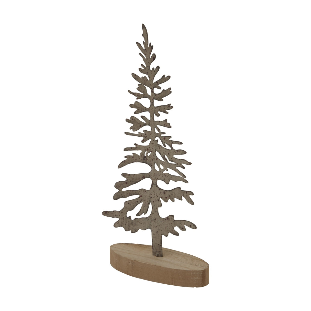 Hill Interiors Large Rustic Silhouette Tree in brown metal, cut as a fir shape on an oval wooden base, shown against a plain white background.