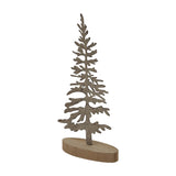 Hill Interiors Large Rustic Silhouette Tree in brown metal, cut as a fir shape on an oval wooden base, shown against a plain white background.