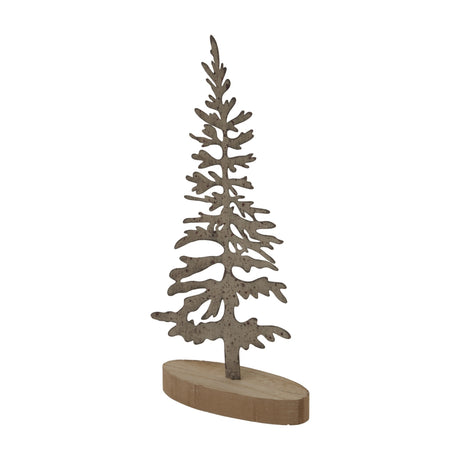 Hill Interiors Large Rustic Silhouette Tree in brown metal, cut as a fir shape on an oval wooden base, shown against a plain white background.
