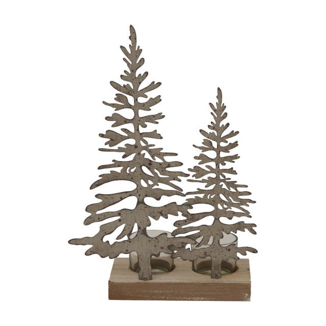 Hill Interiors Rustic Double Silhouette Tree Tealight Holder in brown, with two cut-out metal trees on a wooden base holding two glass tealight cups.