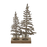 Hill Interiors Rustic Double Silhouette Tree Tealight Holder in brown, with two cut-out metal trees on a wooden base holding two glass tealight cups.
