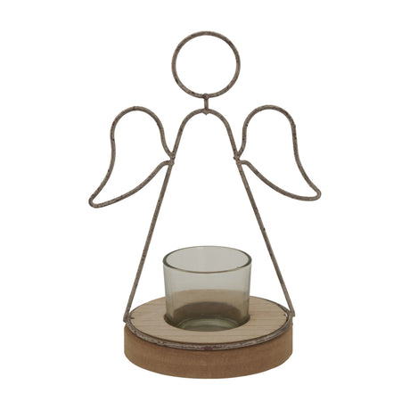 Hill Interiors rustic angel tealight holder with a wireframe metal outline, halo and wings on a small wooden stand holding a clear glass votive.