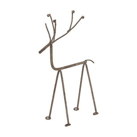 Hill Interiors Rustic Metal Reindeer on Stand in silver, a slim wire-style figure with branching antlers, shown against a plain white background.
