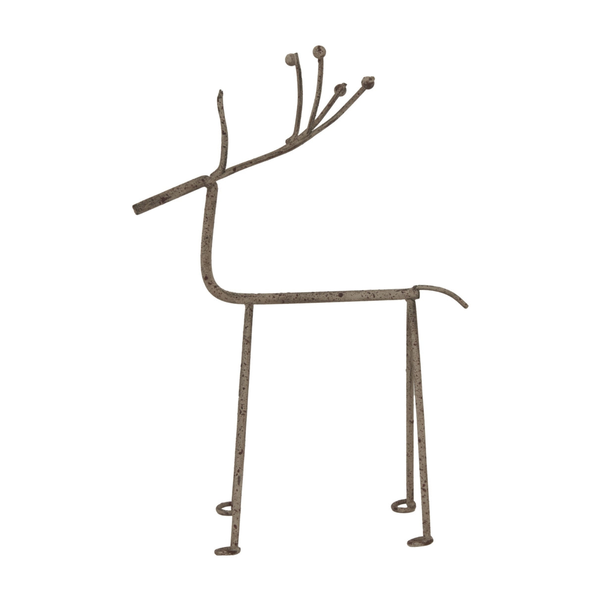 Hill Interiors Rustic Metal Reindeer on Stand in silver, a minimalist wire-style figure with tall antlers and slender legs, shown on a white background.