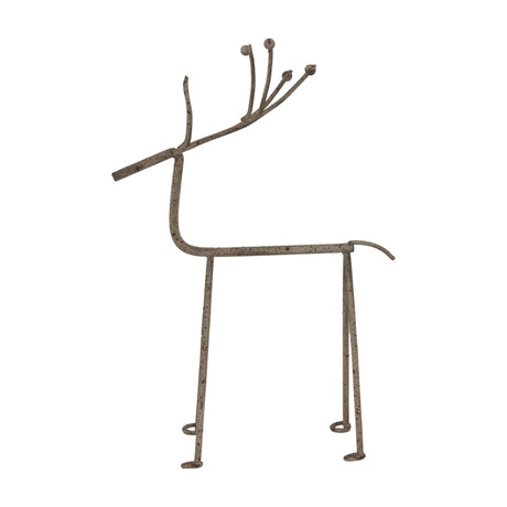 Hill Interiors Rustic Metal Reindeer on Stand in silver, a minimalist wire-style figure with tall antlers and slender legs, shown on a white background.