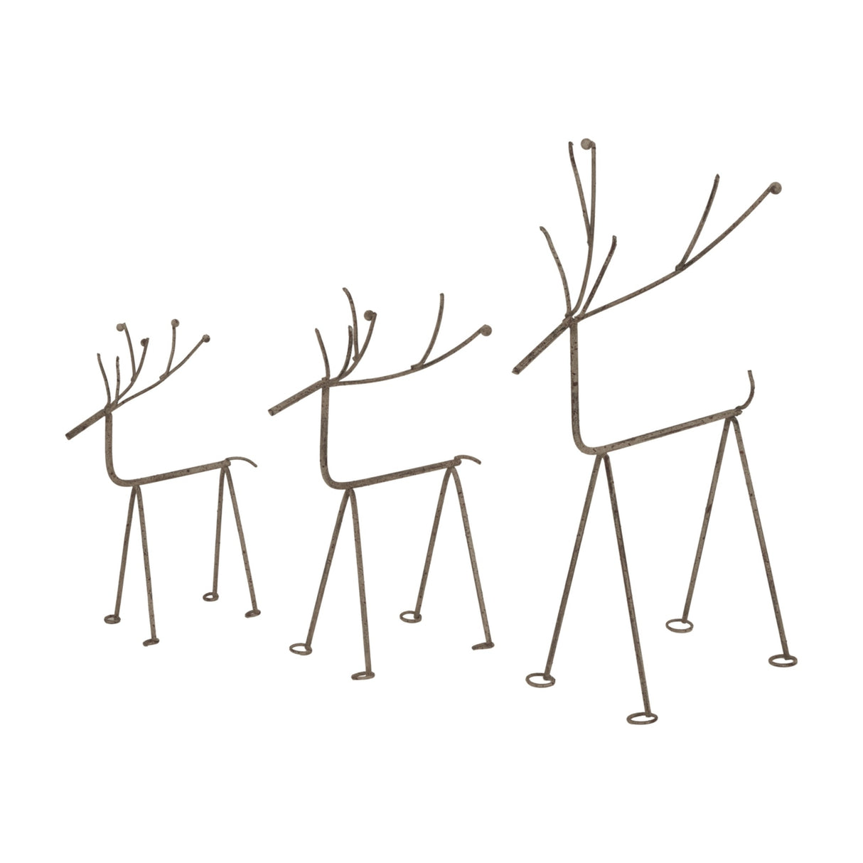 Hill Interiors Rustic Metal Reindeer on Stand in silver, shown as three graduated wireframe figures with antlers on a plain white background.