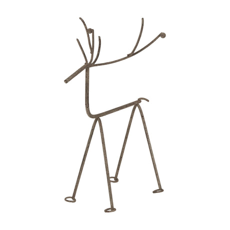 Hill Interiors Medium Rustic Metal Reindeer on Stand in weathered silver, a slender wire-style figure with detailed antrs and long legs on a plain background.