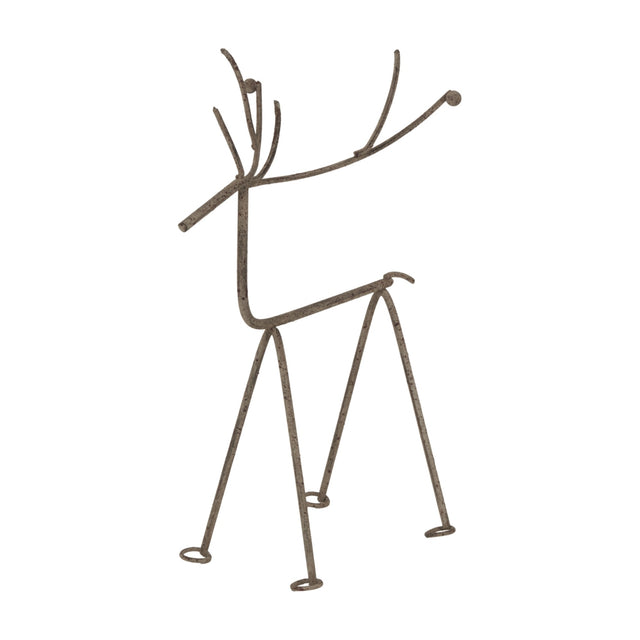 Hill Interiors Medium Rustic Metal Reindeer on Stand in weathered silver, a slender wire-style figure with detailed antrs and long legs on a plain background.