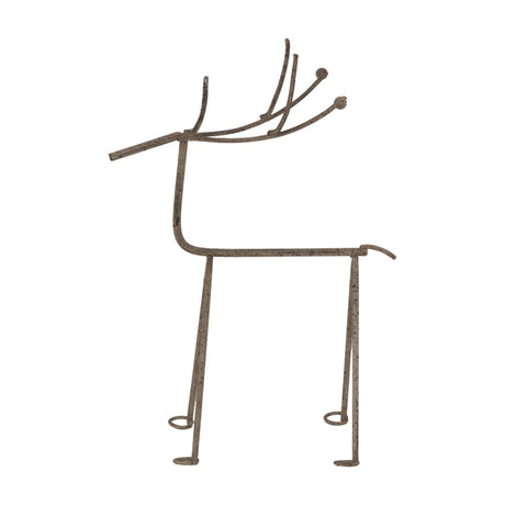Hill Interiors Medium Rustic Metal Reindeer on Stand in weathered silver, shown from the side with slender legs and detailed antlers on a plain background.