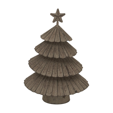 Hill Interiors Rustic Layered Metal Tree with Star in silver, a small tiered pressed metal Christmas decoration topped with a star, on a white background.