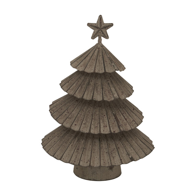 Hill Interiors Rustic Layered Metal Tree with Star in silver, a small tiered pressed metal Christmas decoration topped with a star, on a white background.