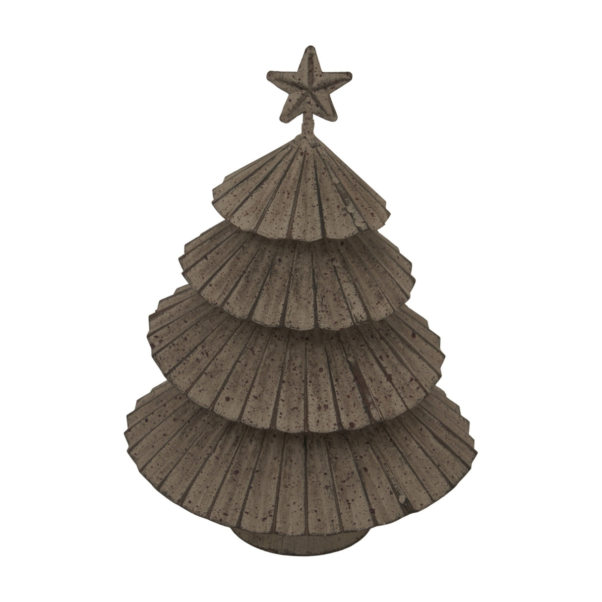 Hill Interiors Rustic Layered Metal Tree with Star in silver, tiered pressed metal Christmas decoration topped with a star, shown on a white background.