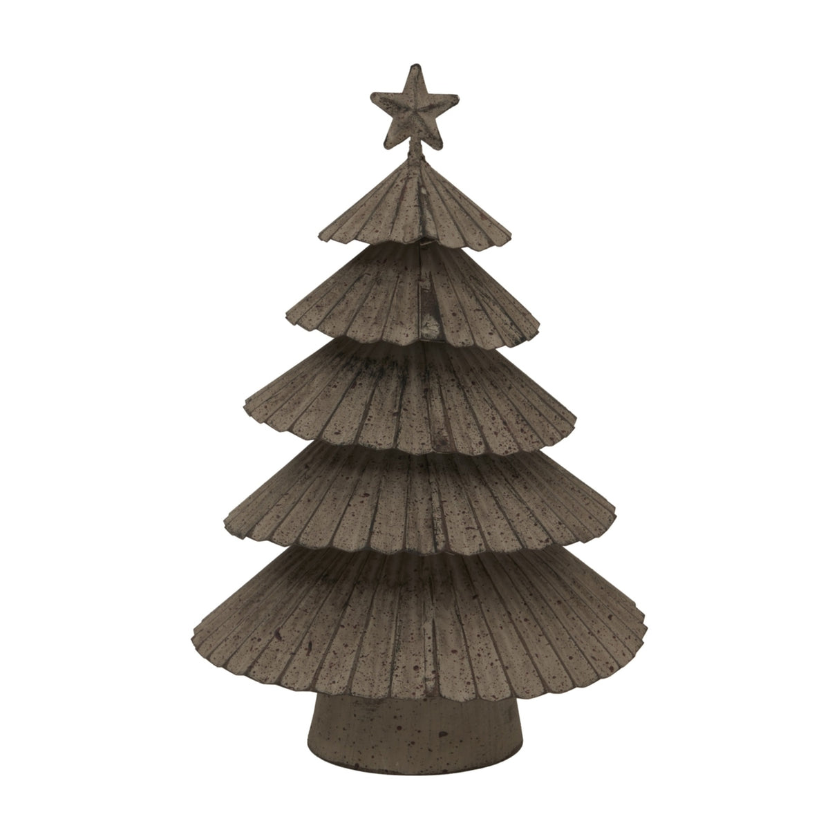 Hill Interiors Large Rustic Metal Layered Tree with Star in weathered silver, featuring tiered fan-shaped branches and a star topper on a plain background.