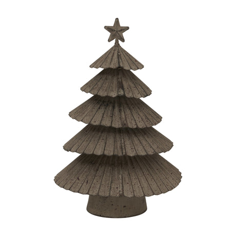 Hill Interiors Large Rustic Metal Layered Tree with Star in weathered silver, featuring tiered fan-shaped branches and a star topper on a plain background.