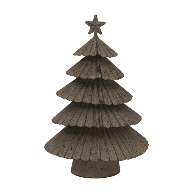 Hill Interiors Large Rustic Metal Layered Tree with Star in weathered silver, featuring tiered fan-shaped branches and a star topper on a plain background.