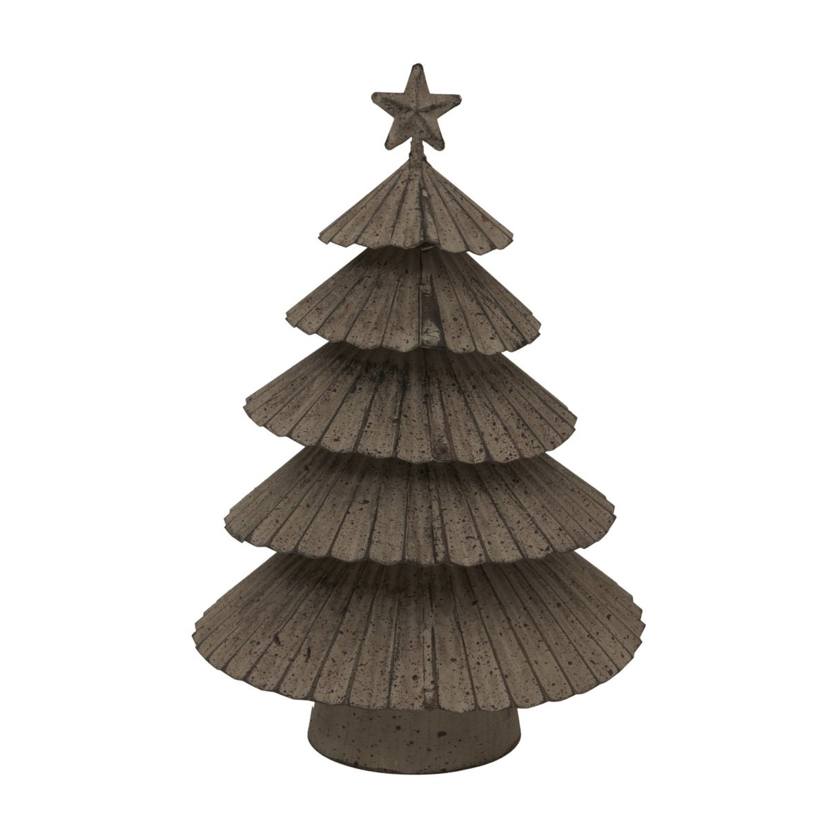 Hill Interiors Large Rustic Metal Layered Tree with tiered scalloped branches in a weathered silver finish, topped with a star, on a white background.