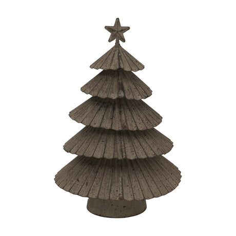 Hill Interiors Large Rustic Metal Layered Tree with tiered scalloped branches in a weathered silver finish, topped with a star, on a white background.