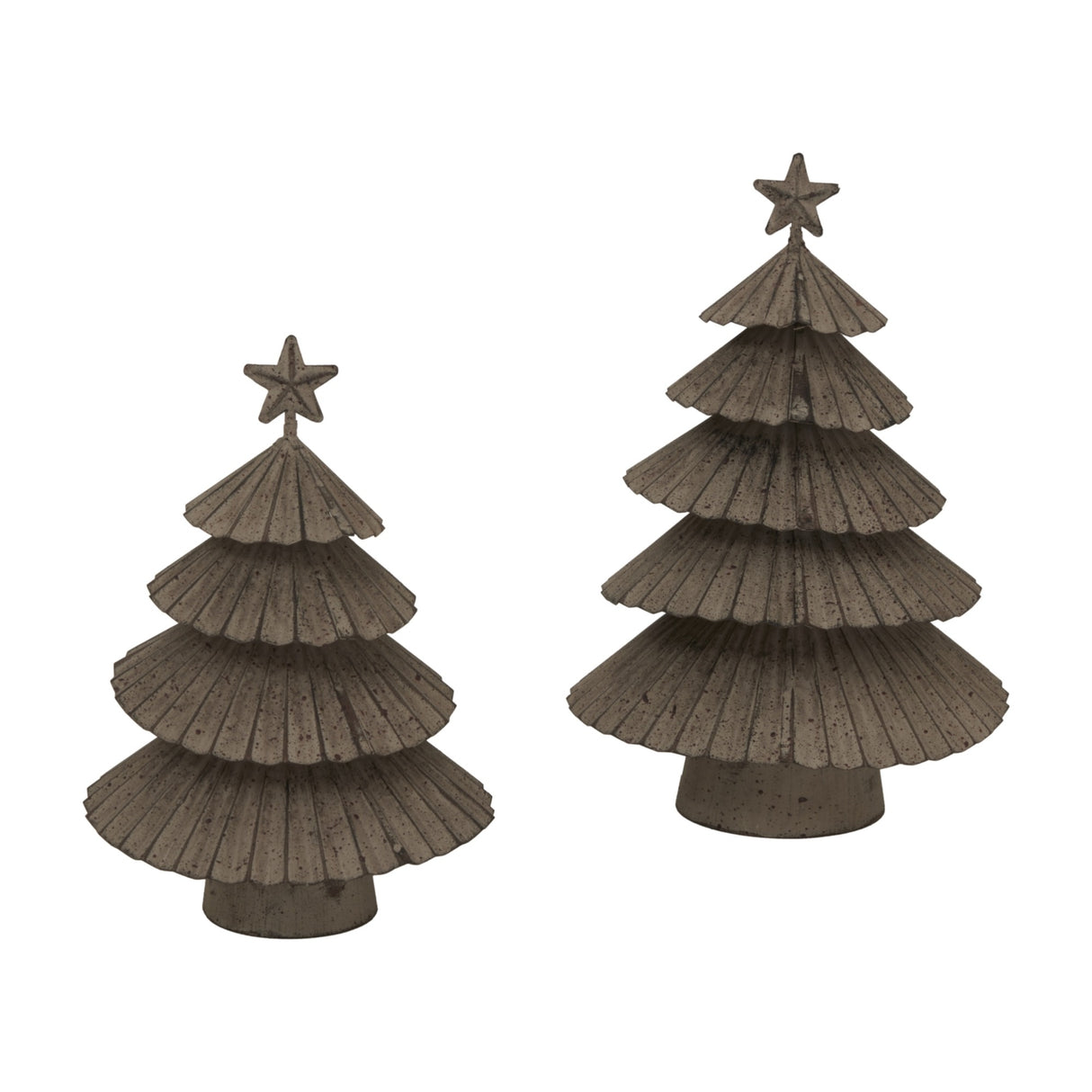 Hill Interiors rustic silver layered metal Christmas trees with star toppers, shown as a pair in small and large sizes on a plain white background.
