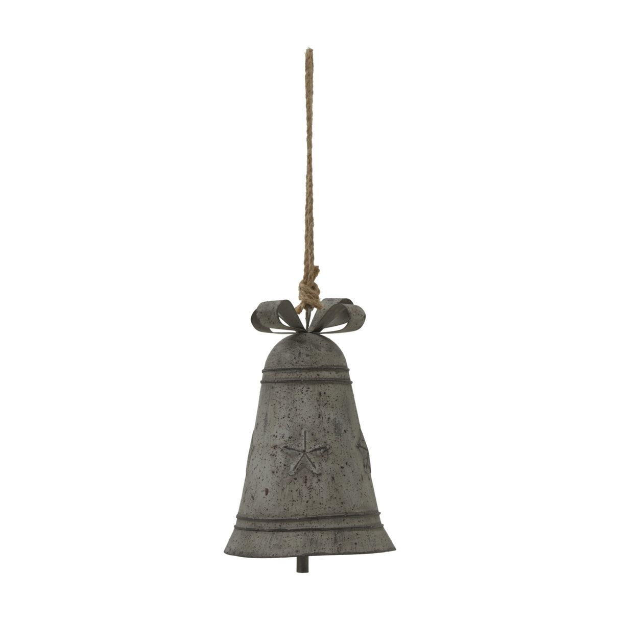 Hill Interiors Rustic Metal Hanging Bell with decorative bow top and jute rope, finished in weathered white, shown against a plain white background.