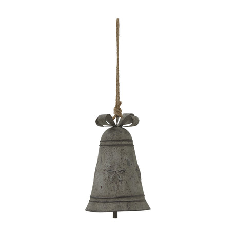 Hill Interiors Rustic Metal Hanging Bell with decorative bow top and jute rope, finished in weathered white, shown against a plain white background.